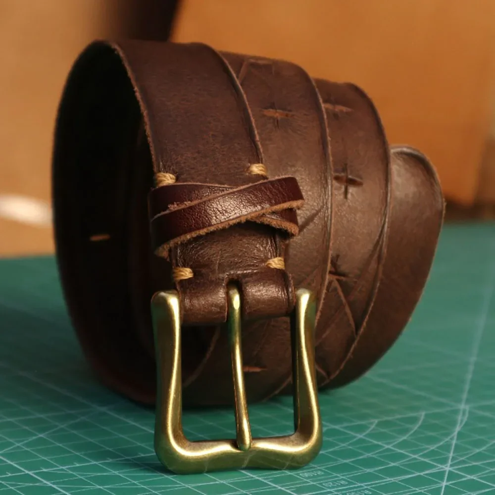 حزام جلد طبيعي مصنوع يدويًا بعرض 3 سم من جلد البقر مع إبزيم نحاسي بحافة متعثرة للرجال والنساء #4