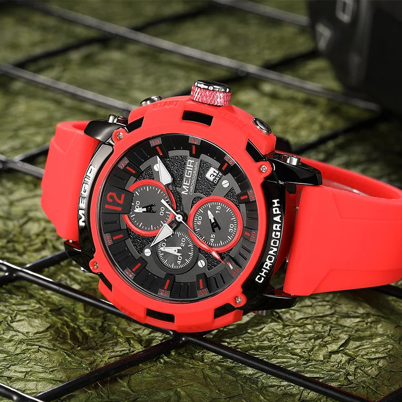 MEGIR 2208 Men\'s Quartz Watch Multifunctional Luminous Silicone Waterproof Date Sports Chronograph Outdoor Fashion Watches