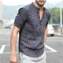 2023 Summer Men's T-shirt Linen Cotton Stripe Short Sleeve Fashion Casual Shirts for Men Pullover Shirt Men Clothing