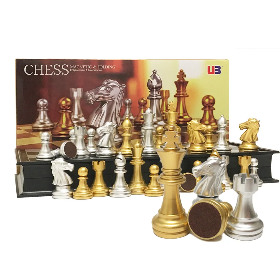 Luxury Plastic Chess set Silver Golden Chess Pieces Travel Chess Game Family Board Game Folding Chessboard Kid Gift Toy