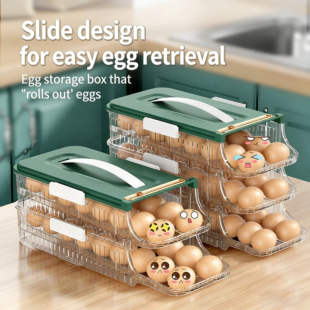 Stackable Egg Storage Container with Lid, Refrigerator Egg Organizer with Handle, Airtight 2-Tier Egg Holder