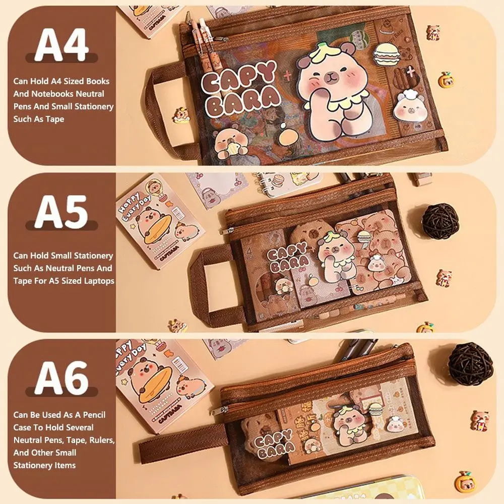 

Новая сетчатая сумка Capybara A4/A5/A6, двухслойная сетчатая сумка для хранения, портативный органайзер для канцелярских принадлежностей большой емкости, снова в школу