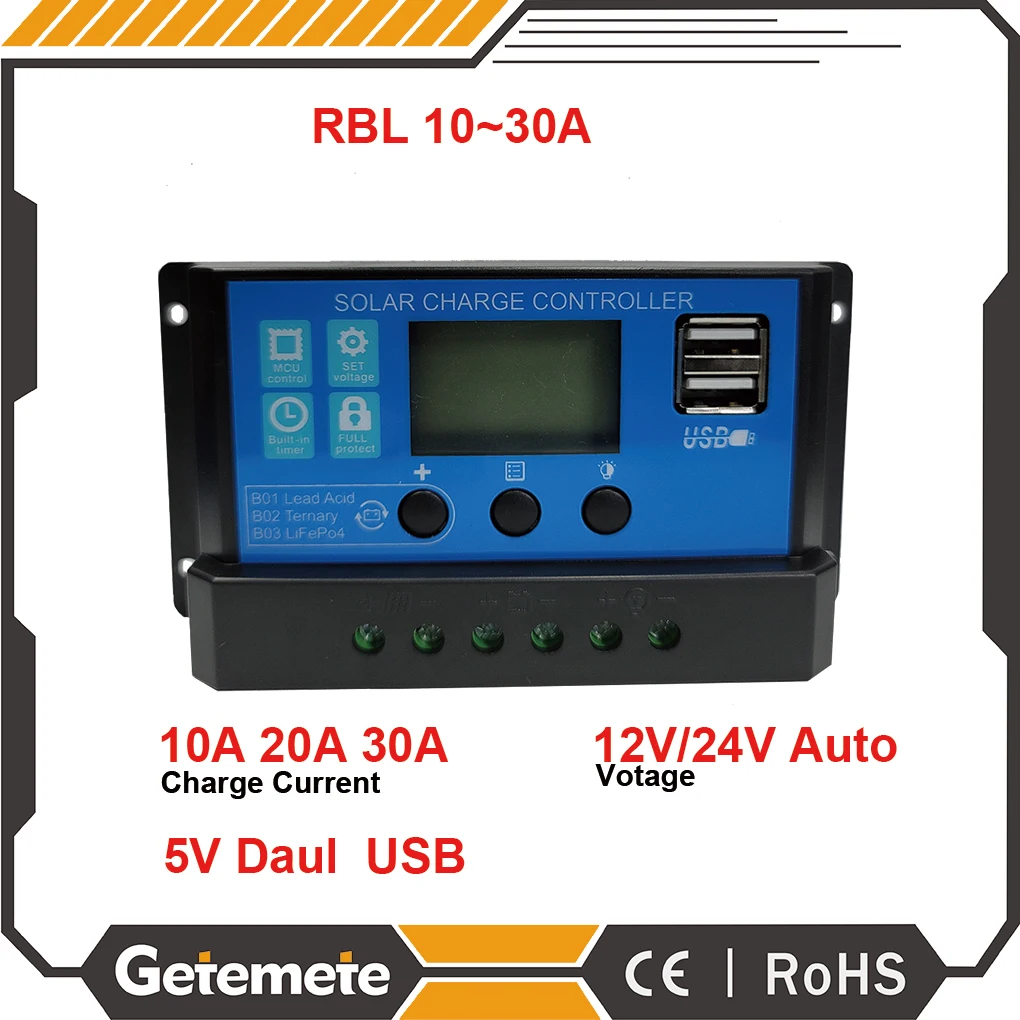 

Auto LCD Display Solar Regulator with 5V Dual USB For Home GTMT 10-30A PWM Solar Charge and Discharge Controller 12V/ 24V