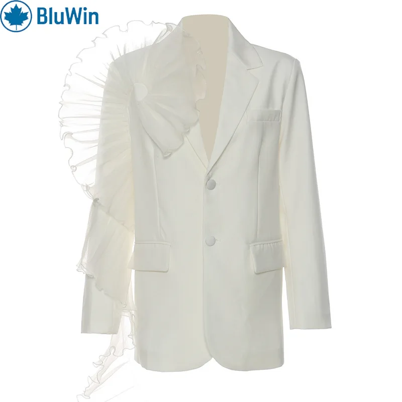 

BluWin Oversize Сетчатый пиджак с рюшами — женская куртка с 3D рюшами и неровным подолом, непринужденная по индивидуальному заказу