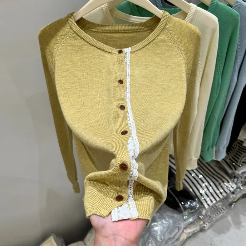 

Желтый свитер, кардиган, куртка для женщин, осень-зима, повседневное кружевное однобортное вязаное пальто с длинными рукавами, женские свитера