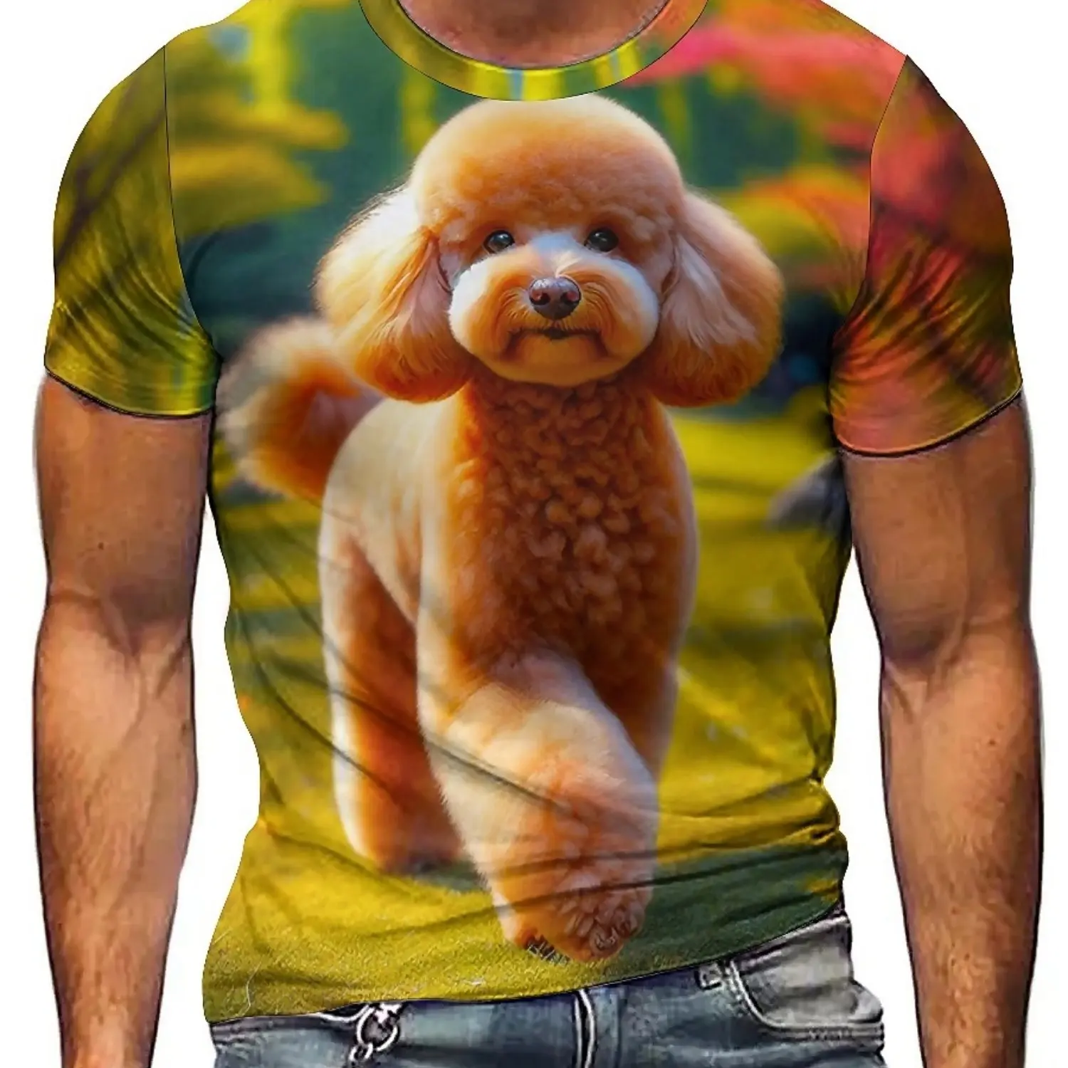 Camiseta masculina e feminina com estampa 3D tie-dye primavera/verão – tecido de poliéster macio, gráfico de poodle fofo
