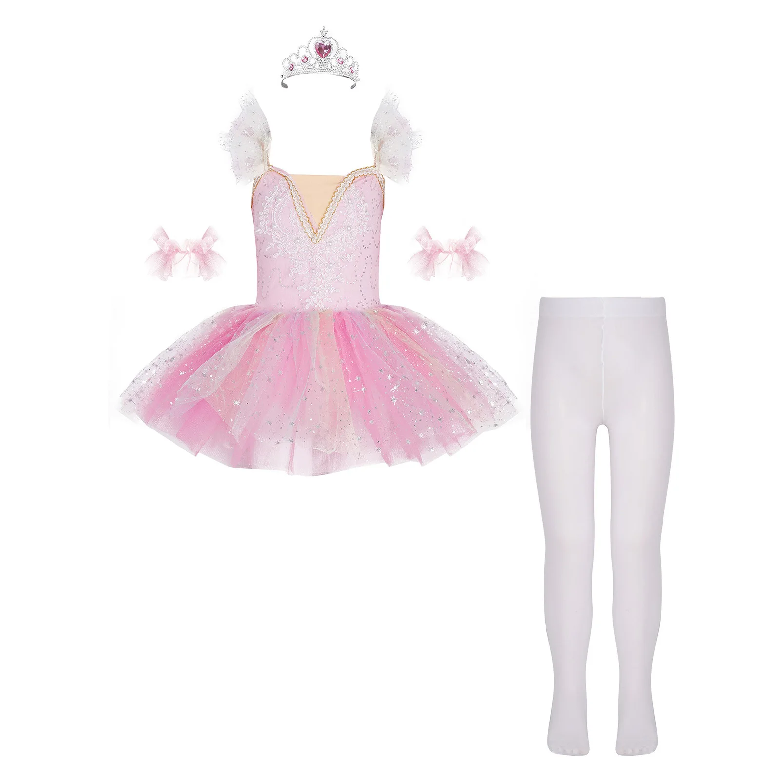

Kids Girls Ballet Tutu Dress Spaghetti Straps Ruffled Sleeves Applique Bodice Sequins Layered Tulle Tutu Dresses+Cuffs+Pantyhose
