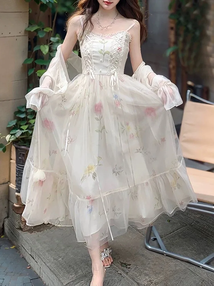 Ele Zomer Bloemenprint Chiffon Cover-up Dr Dames Zoete Sle Strap Lange Rok Set Fairy T Aosphere Lente Herfst