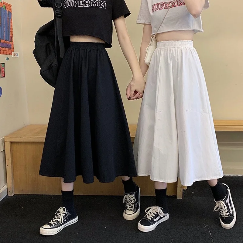 

Korean Fashion Midi Skirts for Women Summer and Spring Solid Loose High Waist Elastic A-line Long Skirts Casual BF Streetwear