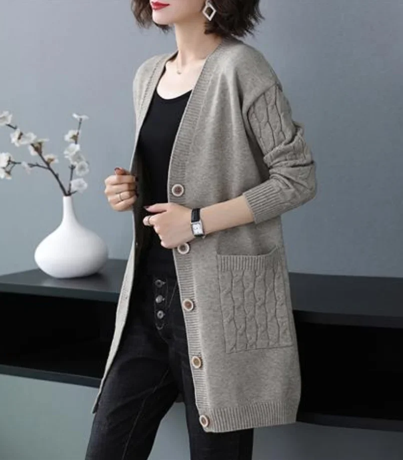 2024 Autumn New Knitted Cardigan Women Sweater V Neck Solid Vintage Loose Knitwear Ladies Tops Single Breasted Casual Clothes