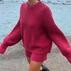 Women Vintage Outfits Chic Fashion Matching Suit Autumn 2 Piece Set Knitted Loose Sweater Pullovers + Shorts Winter Jumpers