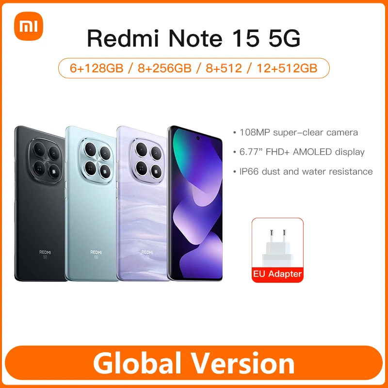 Xiaomi Redmi Note 15 5G Mobile Phones Global Version Snapdragon® 6 Gen3 Smartphone 6.77' AMOLED Display 108MP Main Camera
