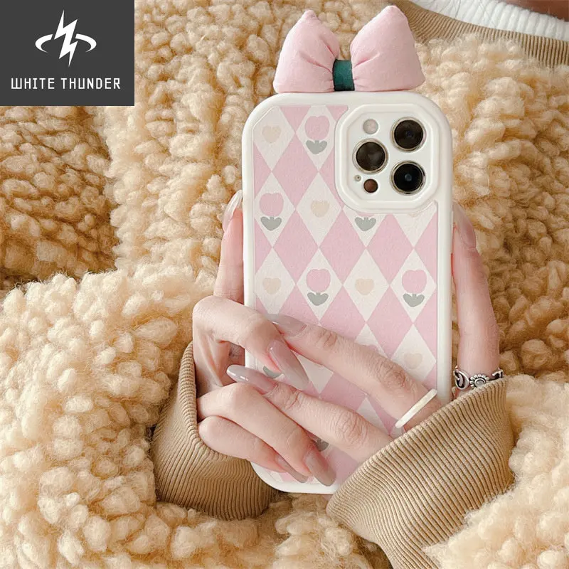 Sweet Cute Pink Girl Heart Cortex Skin Friendly Tulip Bow Tie Anti-fall Shell For iphone 11 12 13 Pro Max XR Xs Max Phone Case