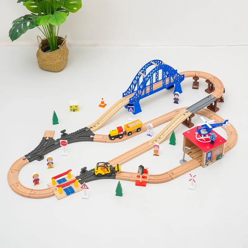 Wooden Train Rail City Blue Bridge Apron Scene Set Railway Electric Train Is Suitable For All Brands Of Wood Rail Toys Pd68