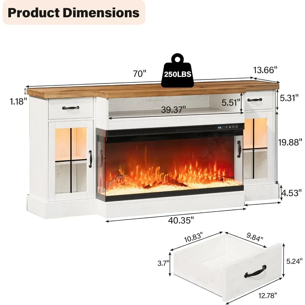 TV Stand with Adjustable Storage Cabinets Farmhouse TVs Stand with 2 Drawers, LED Light&LED Lights Electric Fireplace TV Console