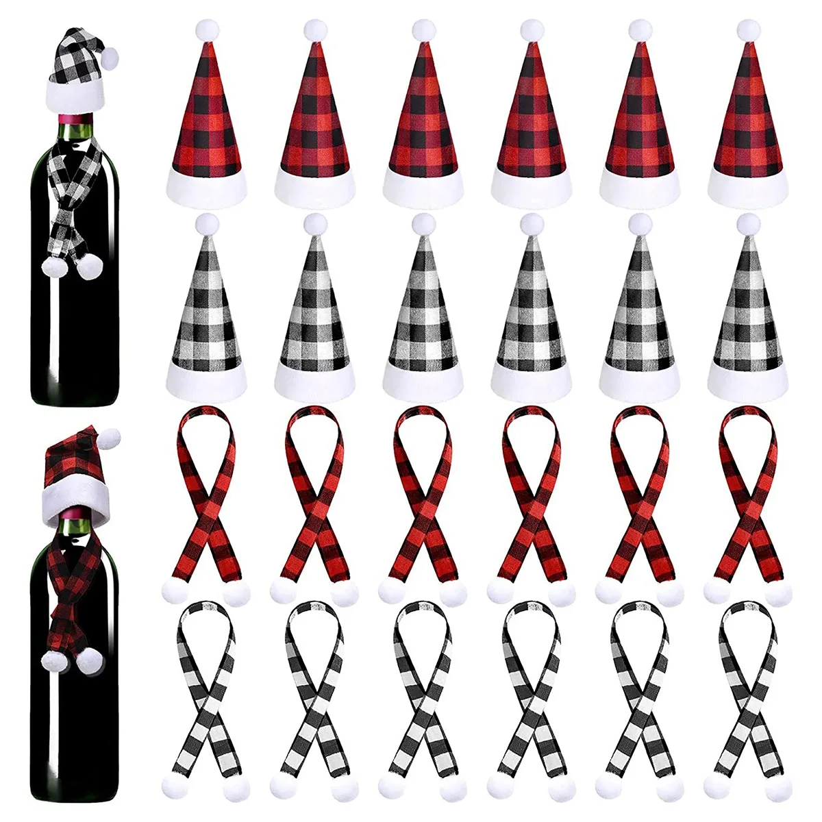 24 Pcs Mini Christmas Santa Hats and Scarf Sets Santa Hats Wine Bottle Cover Xmas Ornaments