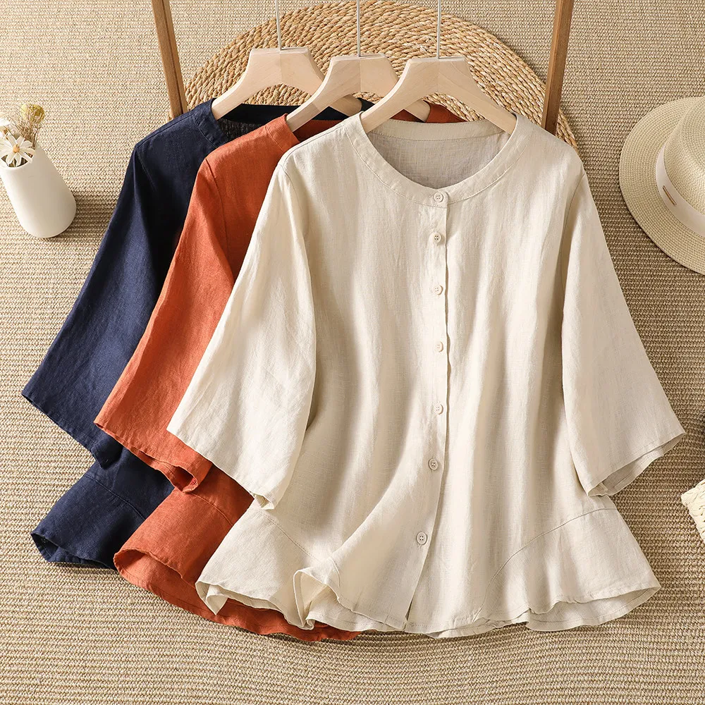 

Harajuku Orange Linen Blend Button Front Blouse Round Neck 3/4 Sleeve Flared Hem Spliced Loose Casual Women Summer Linen Shirt