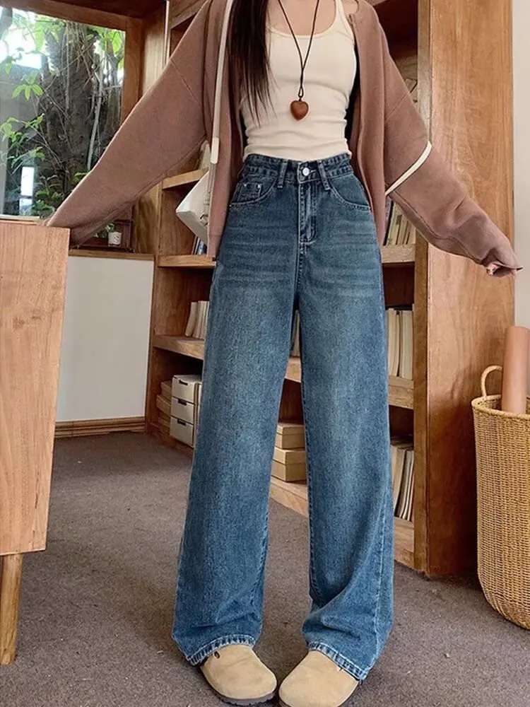 

Retro Wash Wide-leg Jeans for Women in Autumn New Red Plaid Pocket Design Sister High Waist Slim Trousers Women's Denim Pants