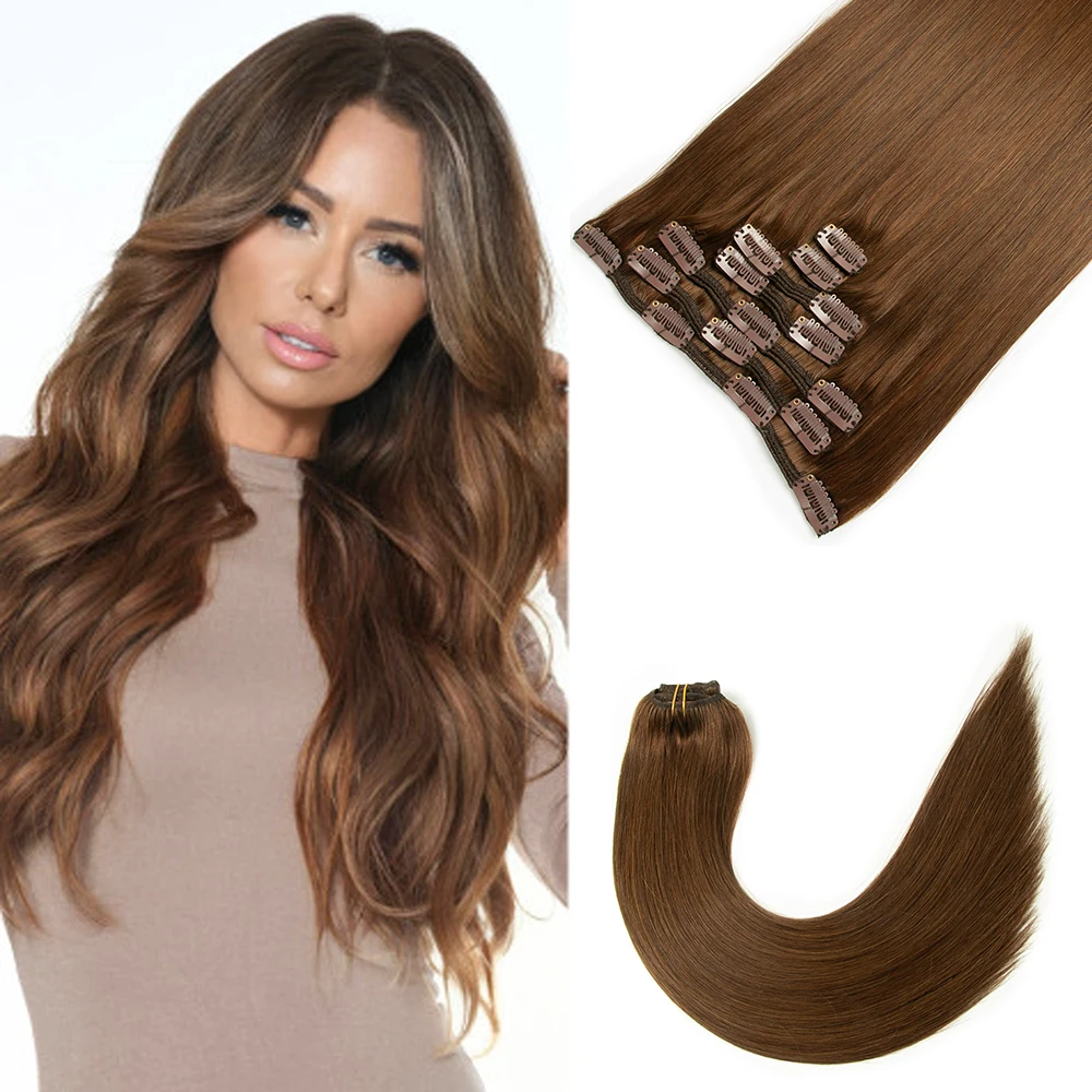 مشبك بني شعر بشري شعر طبيعي على دبابيس شعر ريمي ممتاز جودة حرير وناعمة 120 جرام 12-22 بوصة 7 قطع 02 04