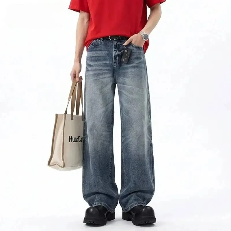 

Vintage Blue Men's Distressed Jeans Loose Cleanfit American High Street Floor Length Denim Long Pants