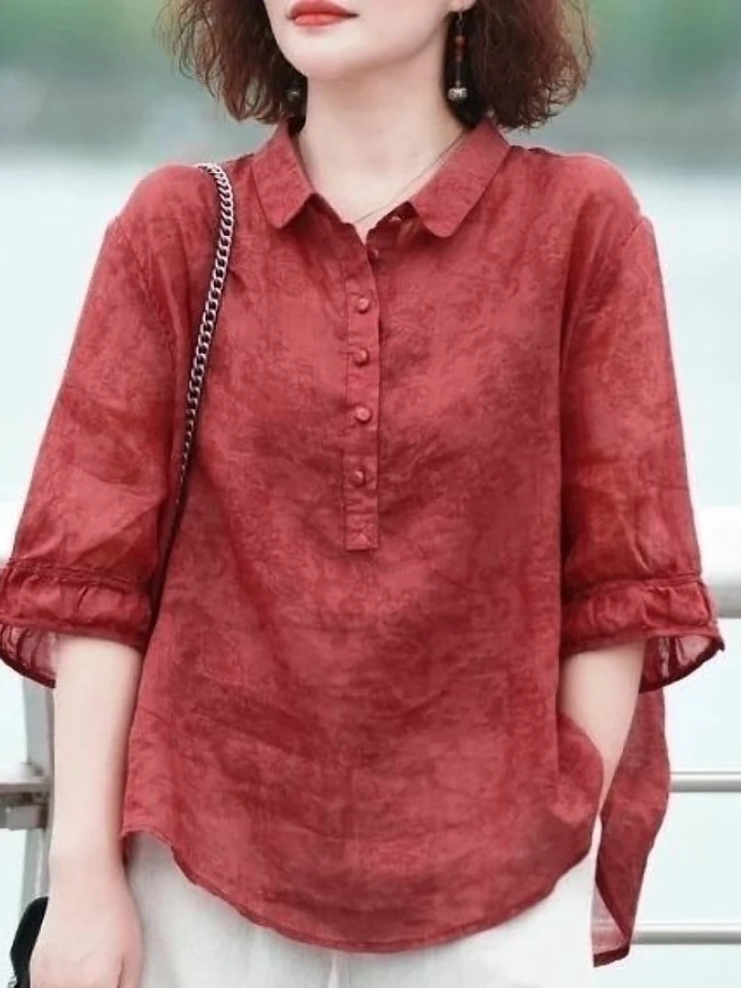 Elegant Slimming Floral Embroidery Shirt Thin Fashionable Retro Women's Mid-Sleeve Turn-down Collar Concealing Meat Shirt