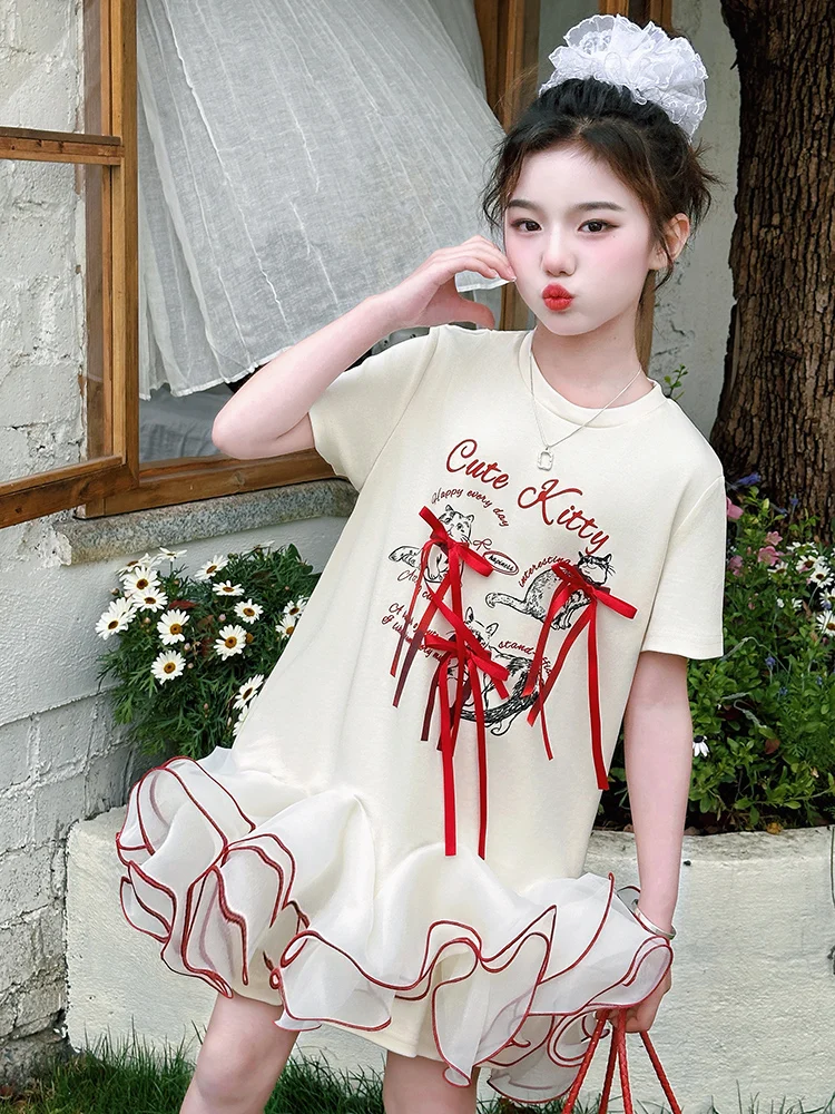 Filles décontracté été à la mode T-shirt à volants bulle jupe Faionable coton ort Sve rond Ne dessin animé imprimé Dr