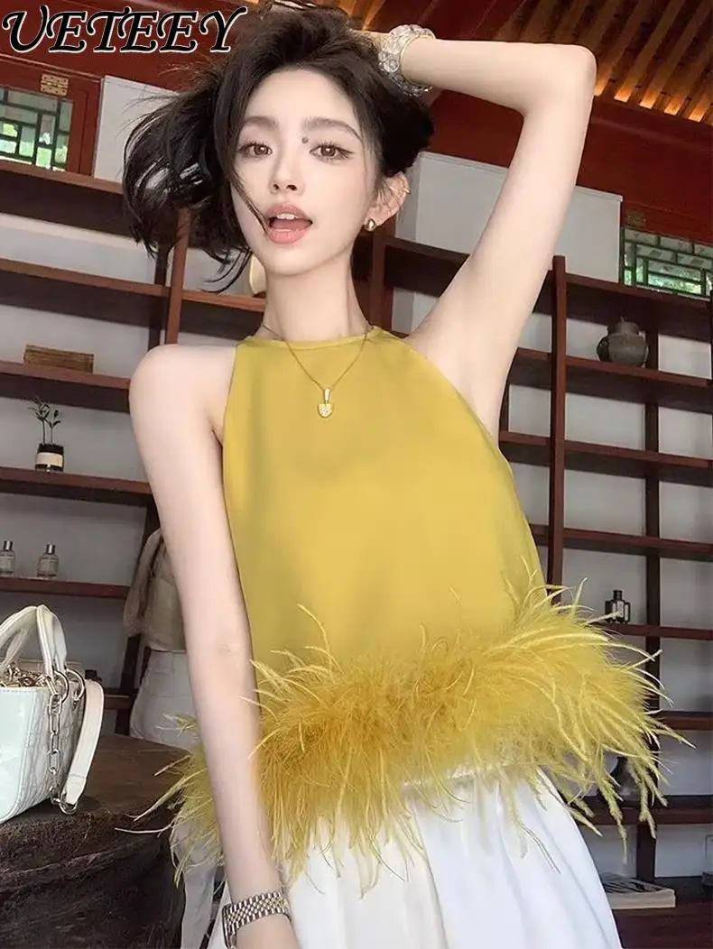 

Однотонный жилет с бретелькой на шее и перьями с круглым вырезом, новый летний универсальный лоскутный короткий топ без рукавов со страусиными перьями