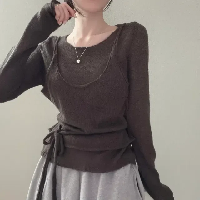 Sweet Style 2026 Spring New Korean Chic Thin Knitted Top Women's Fashionable Versatile Belted Fake Two-Piece Long Sleeve roun...