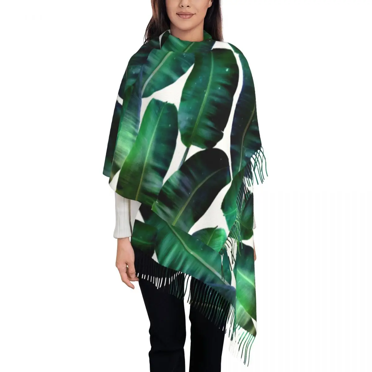 Cosmic Tropical Print Scarf with Tassel Banana Leaves Warm Soft Shawl Wrap Women Printed Large Scarves Winter y2k Cool Foulard