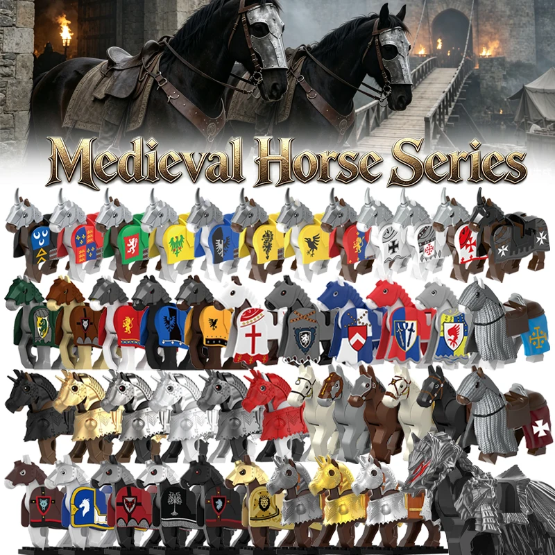Medieval Military War Horse Building Blocks Castle Knight Soldier Figure Cavalry Transport Cattle Animal Accessories Bricks Toys