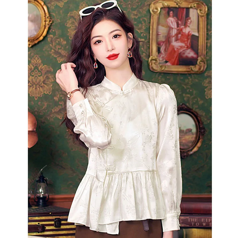 Fashion Spring Long Sleeve Stand Collar Women Shirt Chinese Style Chiffon Shirt Blouse Women Tops Blusas Mujer De Moda 2024 A97