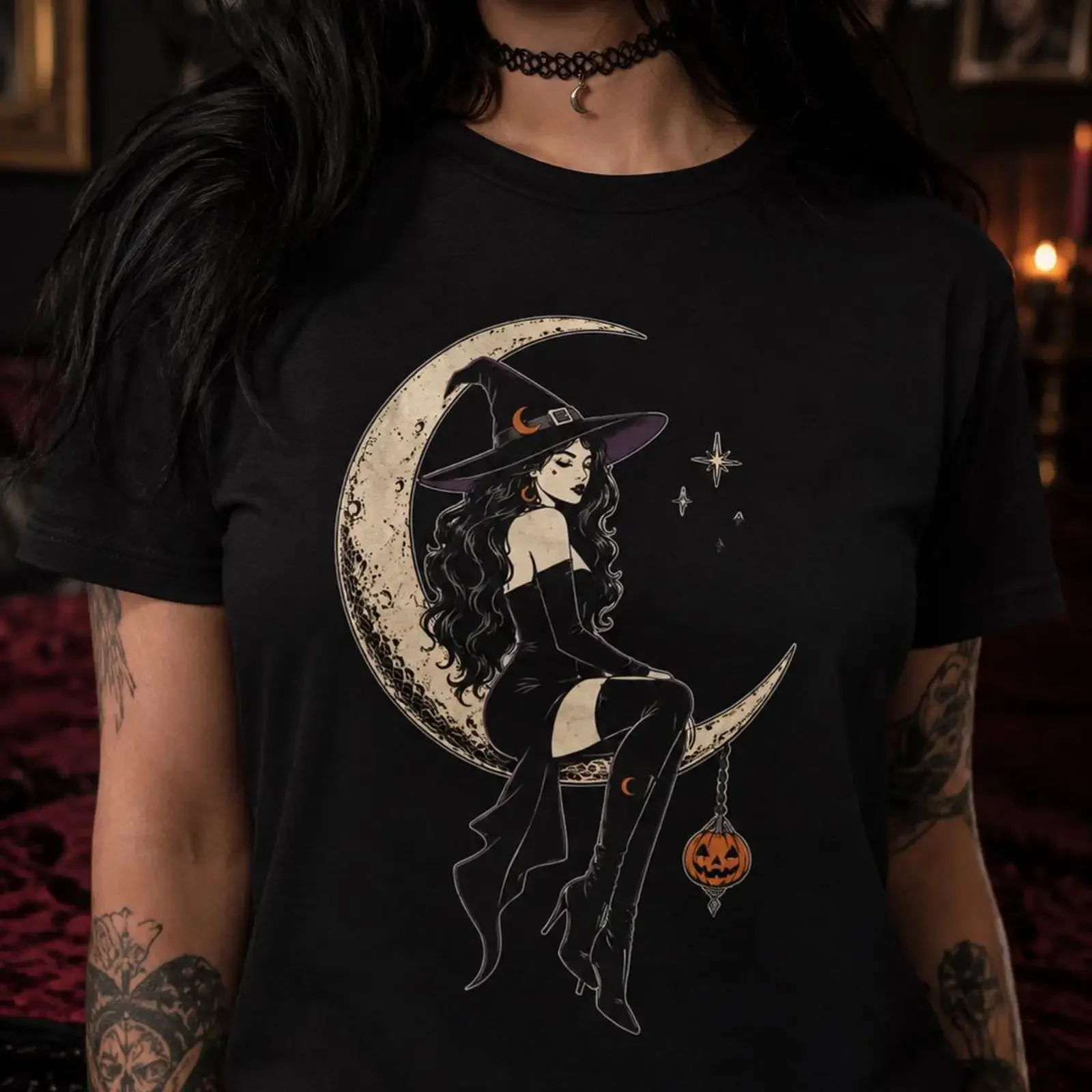 Vintage Crescent Moon Witch Gothic T Shirt Dark Feminine Spooky Season Halloween Aesthetic for Goth vintage Washed Slightly