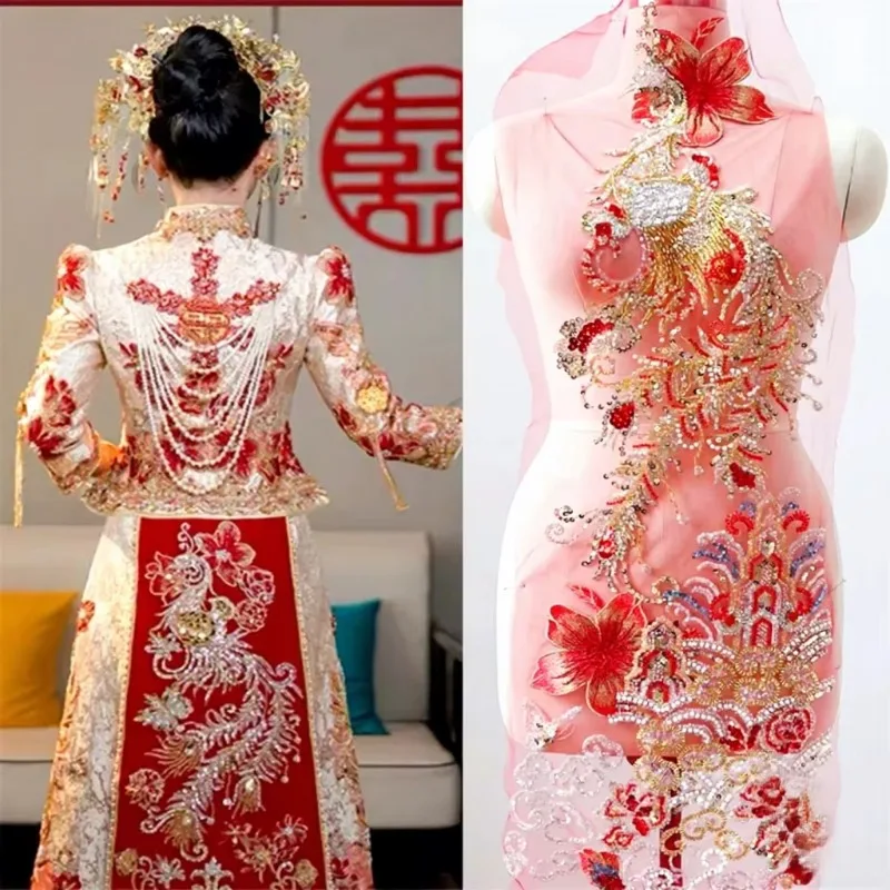 赤いレースアップリケ刺繍パッチ、チャイパオ、ウェディングドレス、舞台衣装、鳳凰花飾り用