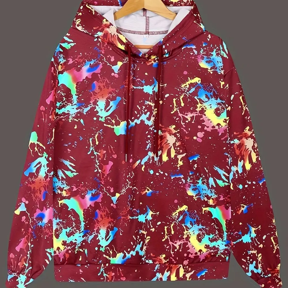 2024 Colorful Spray Painted Printed Women\'s Hoodie Suitable For Autumn Drawstring And Pocket Casual Long Sleeved Sweatshirt