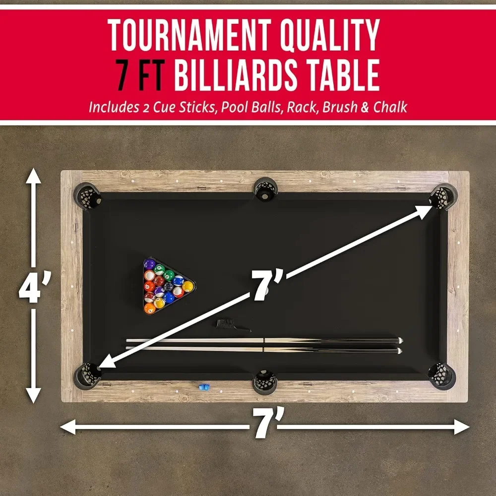 7 ft Pool Table with Wood Finish - Modern Billiards Table with 2 Cue Sticks, Balls, Rack, Felt Brush and Chalk