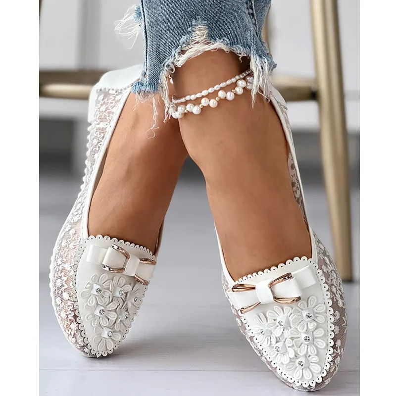 Women Shoes Fashion Casual Summer Mesh Breathable Solid Color Sneakers Floral Embroidery Bowknot Decor Light Work Flat Loafers