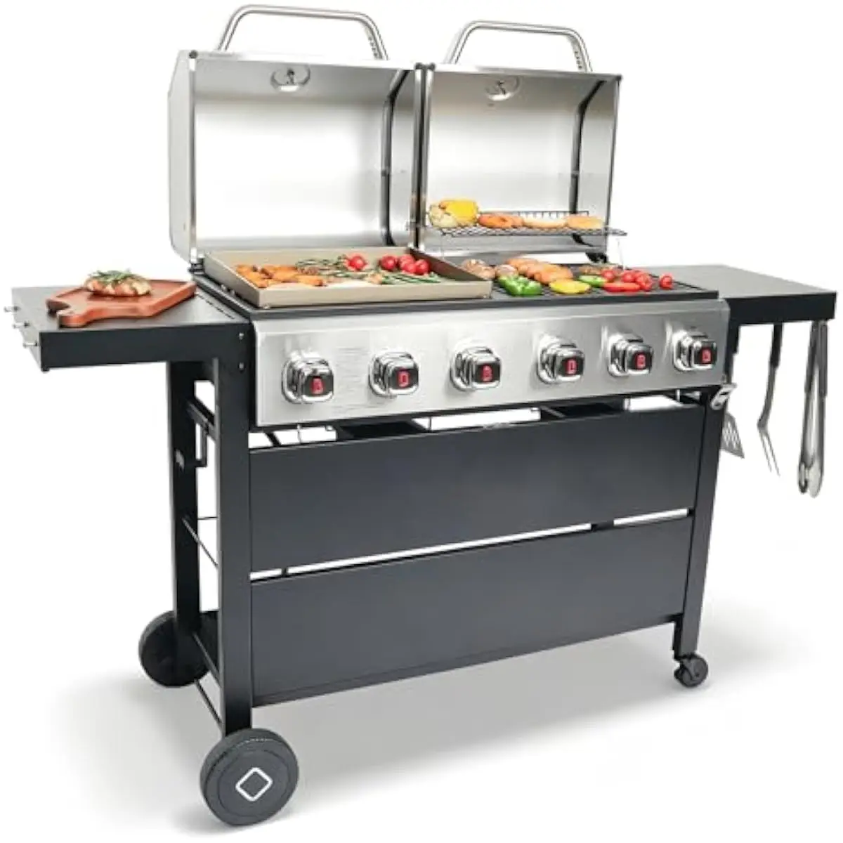Grill & Griddle 2-in-1 Unit with 6 Stainless Steel Burners, 575 sq in Total Cooking Area, Built-In Thermometer, Folding Side Tab