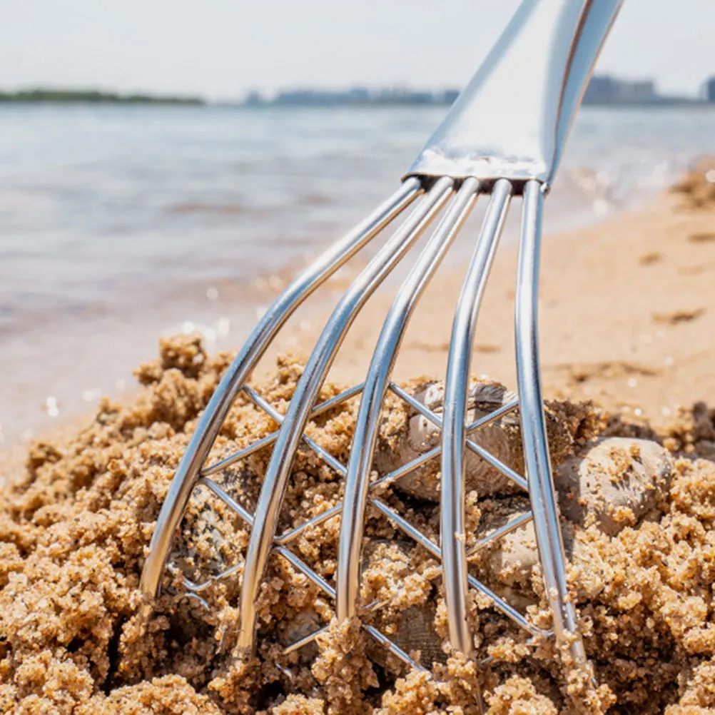 Rastrello per schermo Strumenti per scavo di vongole Shell Artiglio Ostriche Setaccio di sabbia Livellamento Manico da spiaggia Rastrelli Borsa a rete