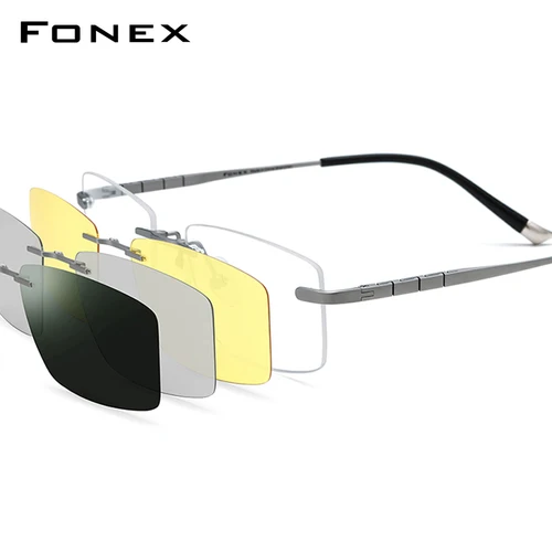 Montura de gafas de titanio FONEX para hombre, gafas cuadradas con Clip magnético sin montura, lentes polarizadas de visión nocturna 3D, gafas japonesas 85761
