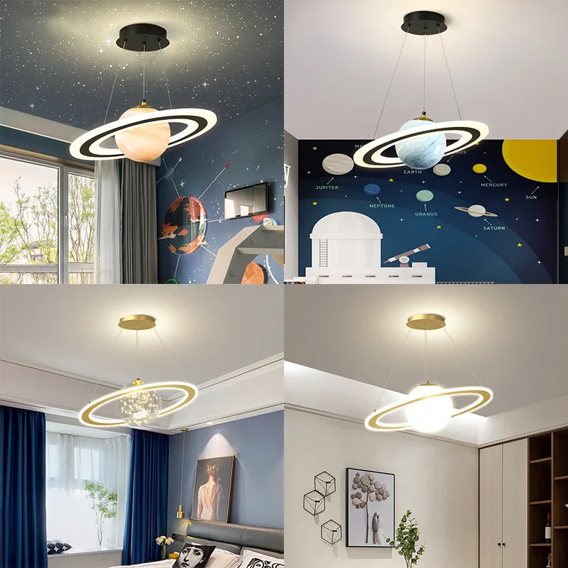 New Children\'S Planet Earth Pendant Lamp For Boys Room Living  Acrylic Space Star Astronaut Led Hanging Light Indoor Decor