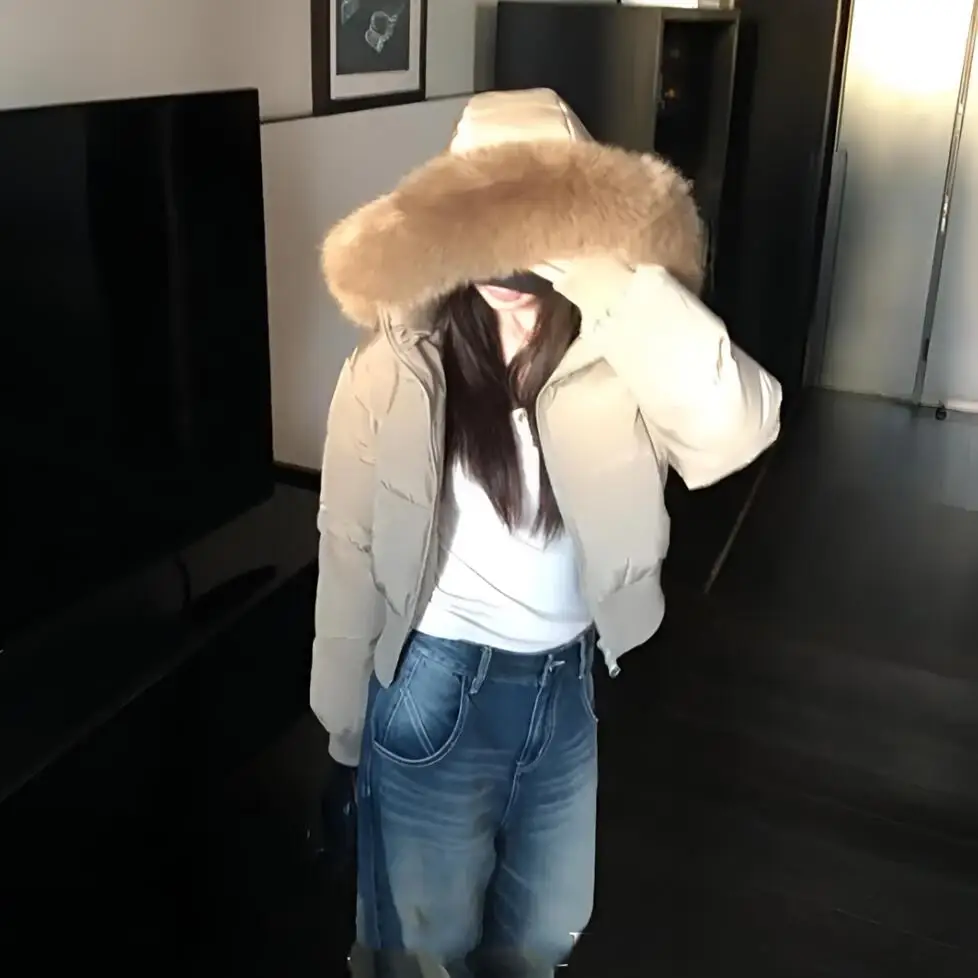 

Simple Solid Color Short Parka Coat Fashionable Street Zipper Hooded Short Cotton Clothing Winter Clothes Women Jacket Women