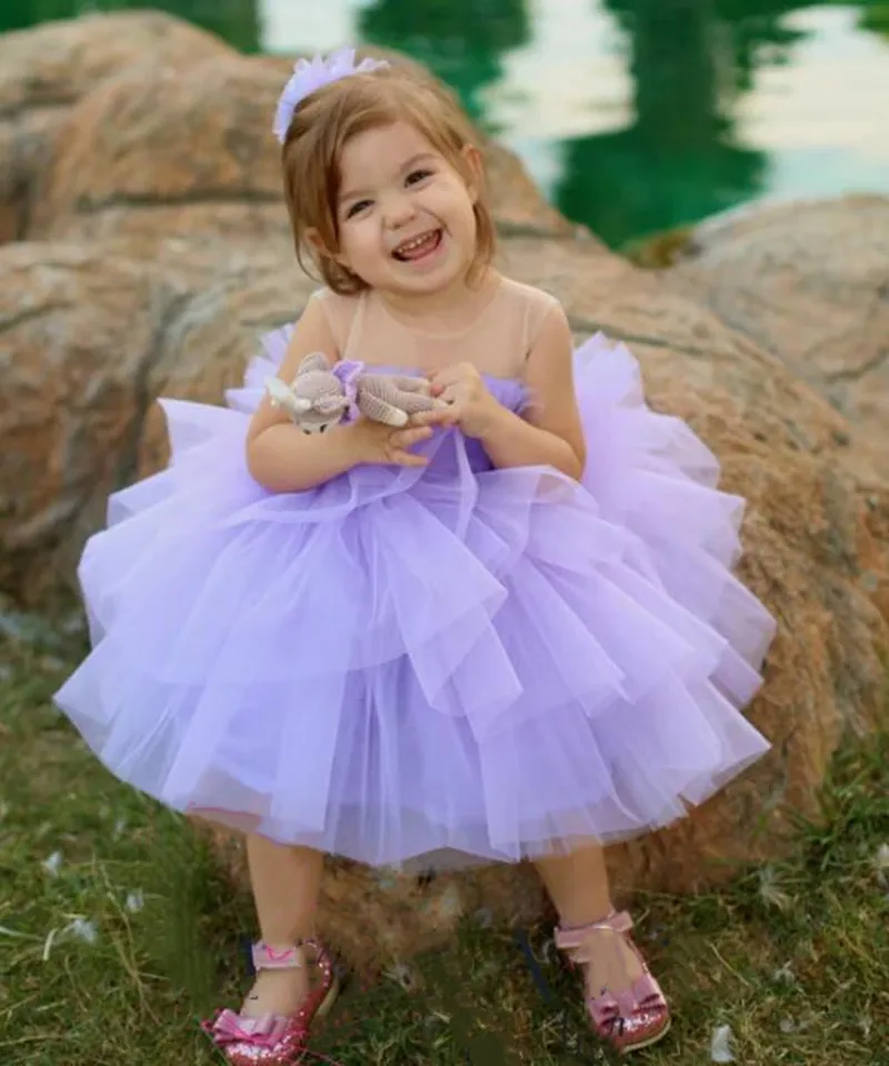 Abito da compleanno per neonata lilla fatto a mano con strati di fiocco abito da festa di natale in Tulle cerimonia speciale Vestido Tutu per ragazze