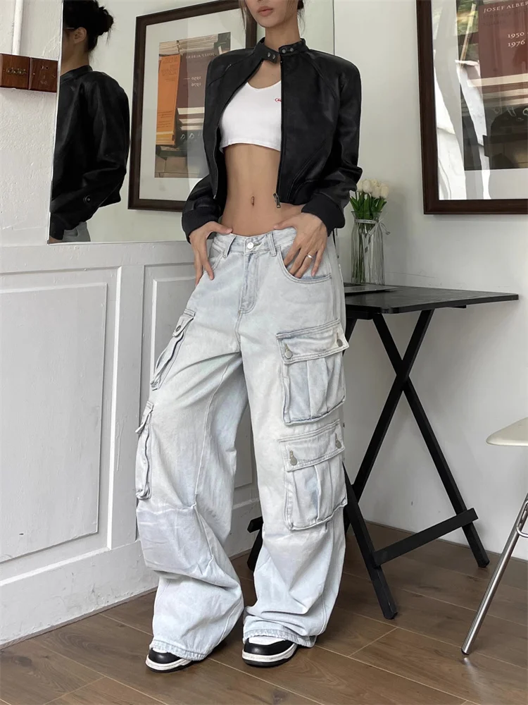 QWEEK Y2K Blue Cargo Jeans Women Vintage Streetwear Multiple Pockets Denim Pants Oversized High Street Hip Hop Baggy Trousers