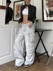 QWEEK Y2K Blue Cargo Jeans Women Vintage Streetwear Multiple Pockets Denim Pants Oversized High Street Hip Hop Baggy Trousers