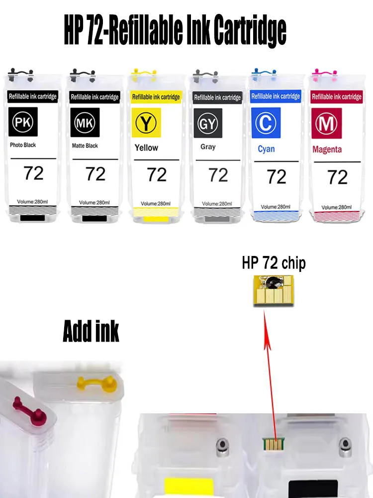 HP72 Refill Ink Cartridge 280ml  For HP Designjet T620 T2300 T770 T795 T1200 C9403A C9370A Printer