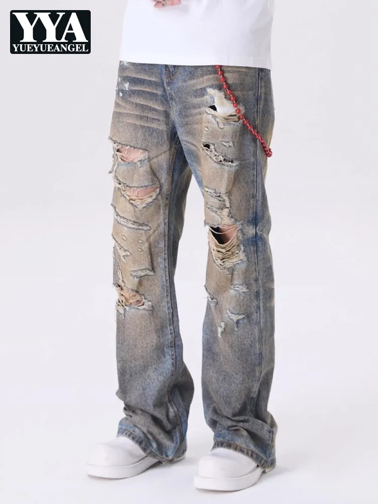

Винтажные мужские прямые джинсы с рваными дырками, свободный крой, уличные повседневные джинсовые брюки, индивидуальные мужские потертые брюки в стиле хип-хоп