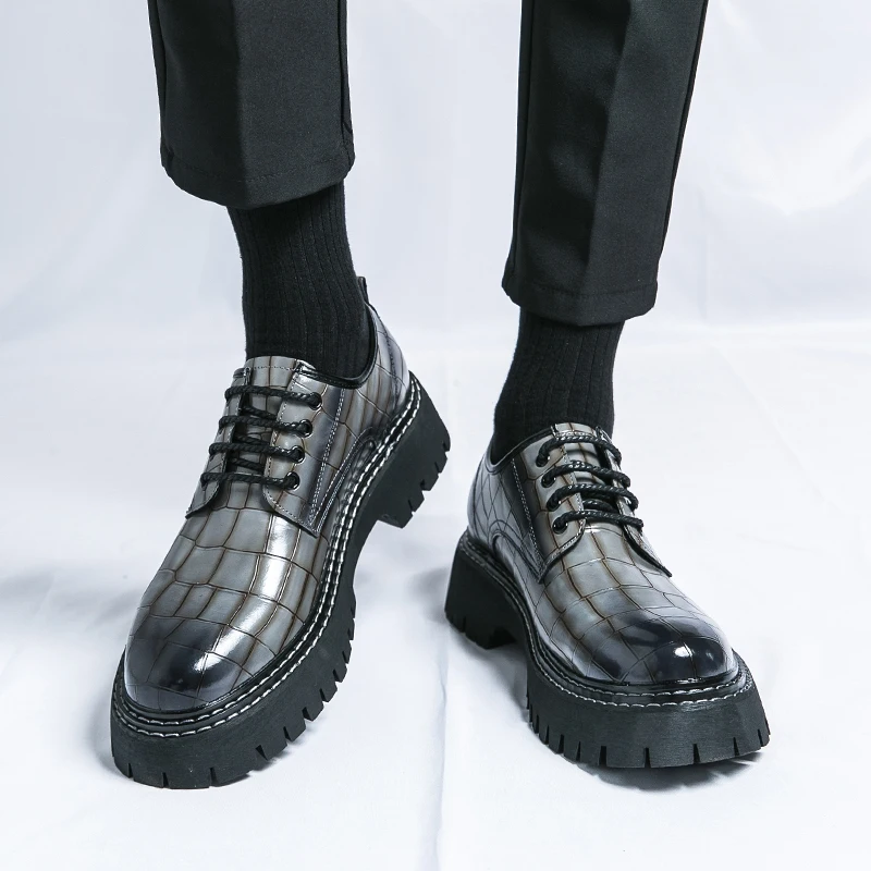 

Thick Soled Height Increasing Men Oxford Shoes with Lace Up Round Toe PU Business Men Formal Shoes