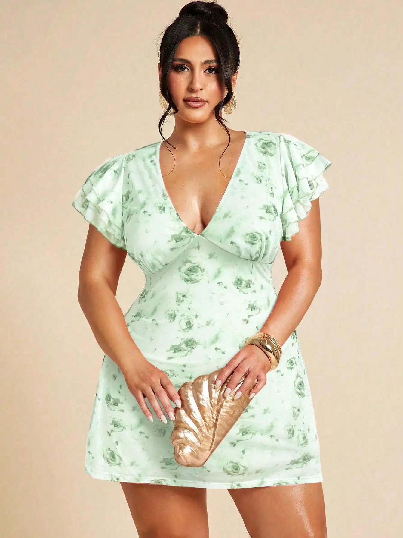 

Mint Green Floral Print V-Neck Ruffle Sleeve Mini Dress For Plus Size Women, Sexy Bodycon Party Club Outfit