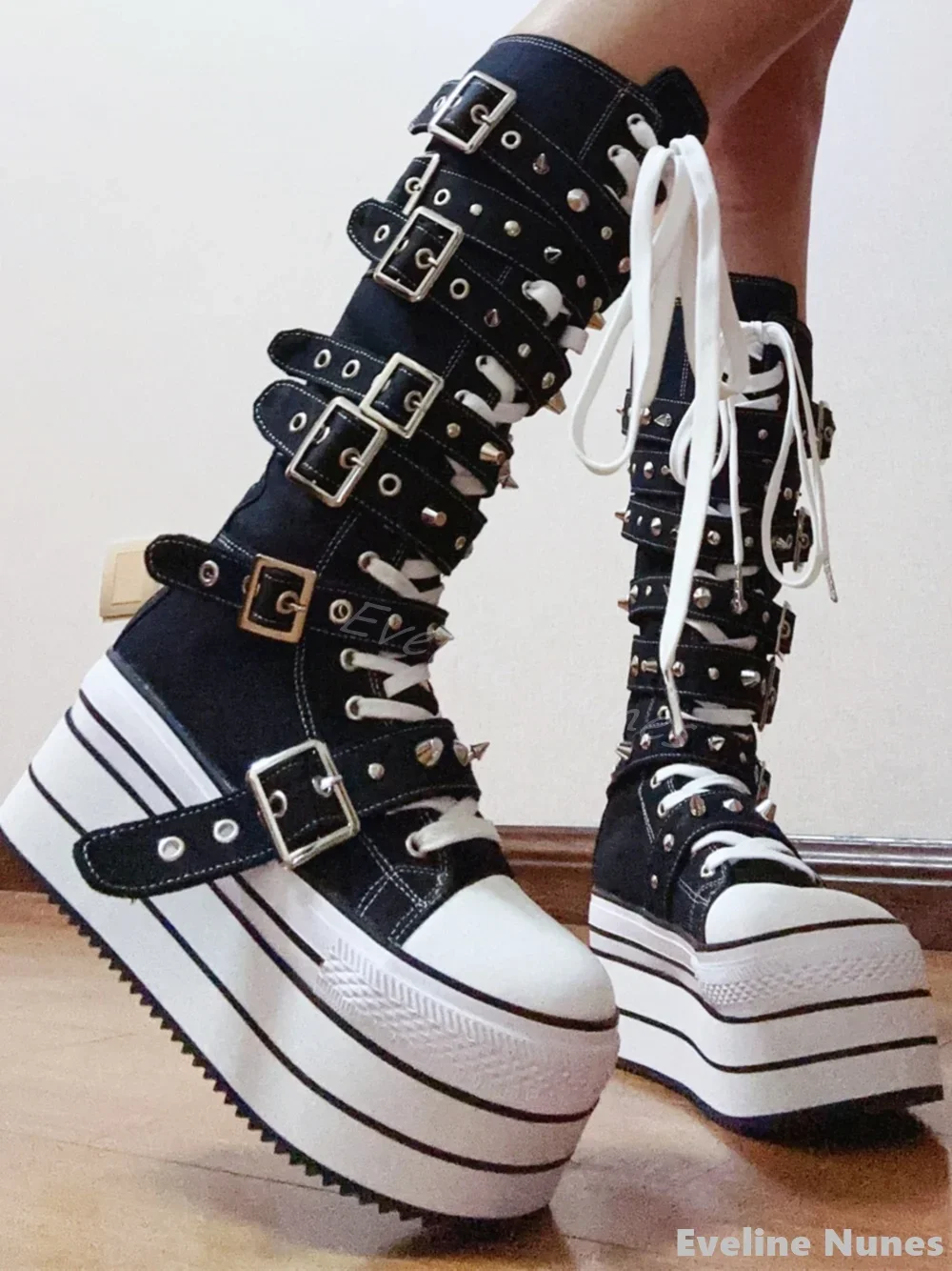 

Rivet Platform Knee High Canvas Shoes Women Big Toe Belt Buckle Cross Tied Punk Long Boots 2025 New Hotties Anti-slip Boots