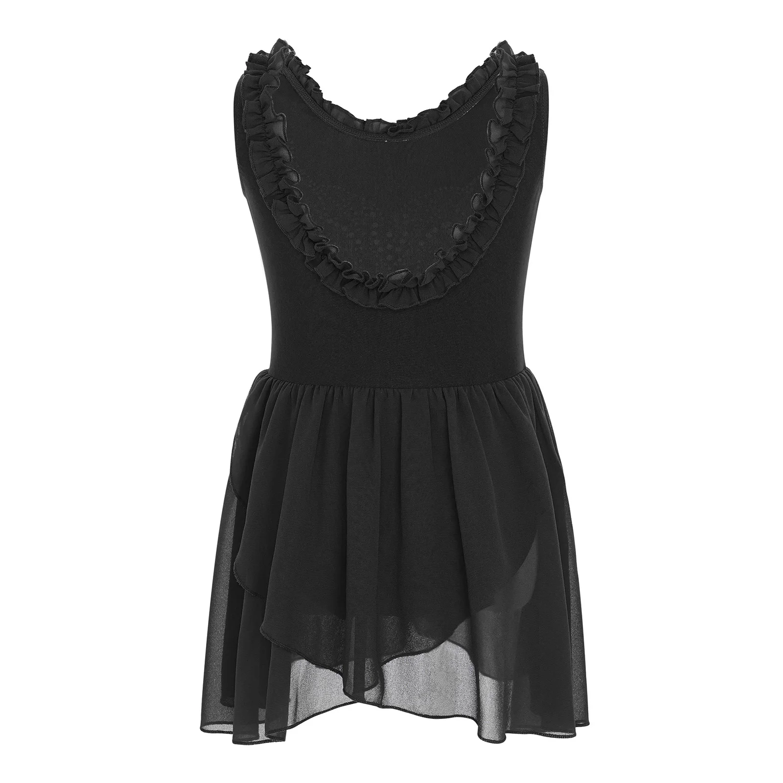 Kids Girls Ballet Dresses Sparkling Rhinestones Ruffled Collar Sleeveless U-Back Dance Leotard Dress for Performance Competition